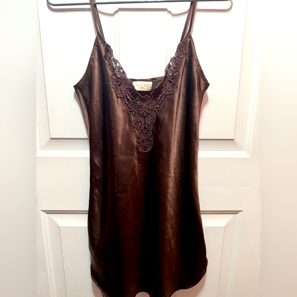 Inner Most Brown Short Chemise with Embroidered Lace and Tulip Hem. Size XS